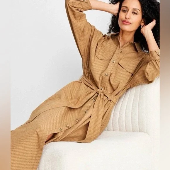 EUC Future Collective Belted Maxi Shirtdress Tan/ Black Striped (Size:L) - Picture 2 of 16